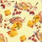 Seamless pattern of watercolor drawing set of autumn leaves and small ornamental paradise apples on a yellow background