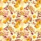 Seamless pattern of watercolor drawing set of autumn leaves and small ornamental paradise apples on a yellow background