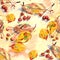 Seamless pattern of watercolor drawing set of autumn leaves and small ornamental paradise apples on a yellow background