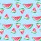 Seamless pattern Watercolor drawing of slices of watermelon with seeds and paint splashes. Small pieces of watermelon on a blue