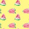 Seamless pattern Watercolor drawing of slices of watermelons with seeds and paint splashes. Small pieces of watermelon on a yellow