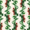 Seamless pattern of watercolor drawings of raspberry twigs with ripe red berries and green leaves