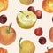 Seamless pattern from watercolor drawings of ripe apples and cherry berries