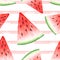 Seamless pattern of watercolor drawings of a slice of red watermelon