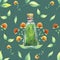 Seamless pattern of watercolor elements, potion, herbal infusion.