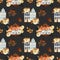 Seamless pattern of watercolor european houses with floral autumn elements