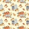 Seamless pattern of watercolor european houses with floral autumn elements