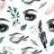 Seamless pattern with watercolor eyes, feathers and birds, green leaves, snowdrops