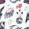 Seamless pattern with watercolor eyes and swans, feathers and birds, red flowers