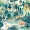 seamless pattern of watercolor fantasy trees and mushrooms.