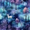 seamless pattern of watercolor fantasy trees and mushrooms.