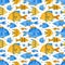 Seamless pattern with  watercolor fish for background, postcard, cover, wallpaper, banner. Hand drawn cute inhabitants of the sea