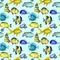 Seamless pattern with watercolor fish surgeon, goldfishes and other oceanic fishes