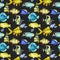 Seamless pattern with watercolor fish surgeon, goldfishes and other oceanic fishes