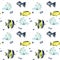 Seamless pattern with watercolor fish surgeon and other oceanic fishes