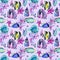 Seamless pattern with watercolor fish surgeon among sea stones, corals and algae