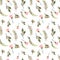 Seamless pattern watercolor floral design: garden rose peony, powder white pink, branch green
