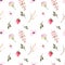 Seamless pattern watercolor floral design: garden rose peony, powder white pink, branch green