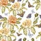 Seamless pattern with watercolor flowers and butterfly. Rose.