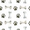 Seamless pattern with watercolor footprints and bone. Hand drawn illustration is isolated on white. Painted template