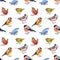 Seamless pattern with watercolor of forest birds.
