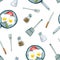 Seamless pattern with watercolor fried eggs, pan, salt, pepper, fork, knife, spatula. Isolated on white hand drawn illustration