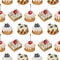 Seamless pattern of watercolor fruit cakes and waffles