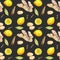Seamless pattern with watercolor ginger, lemon and spices elements