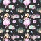 Seamless pattern with watercolor Girl-photographer, retro cameras and floral elements