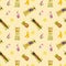 Seamless pattern with watercolor girls, fruits, cocktails. Hand drawn illustration is isolated on yellow. Painted summer template