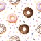 Seamless pattern with watercolor glazed donuts