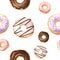 Seamless pattern with watercolor glazed donuts