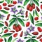 Seamless pattern of watercolor goji berries flowers and leaves.