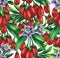 Seamless pattern of watercolor goji berries, flowers and leaves.