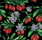 Seamless pattern of watercolor goji berries, flowers and leaves.