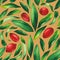 Seamless pattern of watercolor goji berries and leaves.