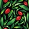 Seamless pattern of watercolor goji berries and leaves.