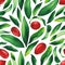 Seamless pattern of watercolor goji berries and leaves.