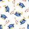 Seamless pattern with watercolor graduate hat and scroll of parchment