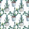 Seamless pattern watercolor green plant succulent cactus opuntia with needles in pot indoor on white. Hand-drawn