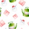 Seamless pattern with watercolor green teapot, sugar bowl with teaspoon, red napkin. Isolated on white hand drawn illustration