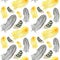 Seamless pattern Watercolor hand drawn bird Bright yellow, gray, striped beige feather. Illustration fabric texture