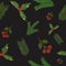 Seamless pattern with watercolor hand drawn christmas trees, holly, mistletoe on black background. Print, packaging, wallpaper, te