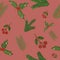 Seamless pattern with watercolor hand drawn christmas trees, holly, mistletoe on red background. Print, packaging, wallpaper, text