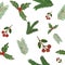 Seamless pattern with watercolor hand drawn christmas trees, holly, mistletoe on white background. Print, packaging, wallpaper, te