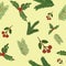 Seamless pattern with watercolor hand drawn christmas trees, holly, mistletoe on yellow background. Print, packaging, wallpaper, t