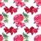 Seamless pattern watercolor hand-drawn slice of watermelon, lily, raspberry, leaves on white. Summer autumn fruit sweet