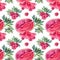 Seamless pattern watercolor hand drawn slice of watermelon, raspberries, green leaves on white. Summer autumn sweet