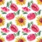 Seamless pattern watercolor hand drawn slice of watermelon, sunflower, green leaves on white. Summer autumn sweet food