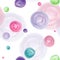 Seamless pattern of watercolor hand painted circles and dots. Delicate pastel gamma of pink, blue, green colors on white backgroun